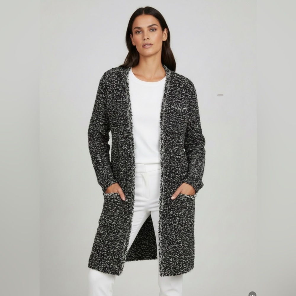 Zara Knit long open front cardigan sweater jacket frayed/fringed edges. Size M